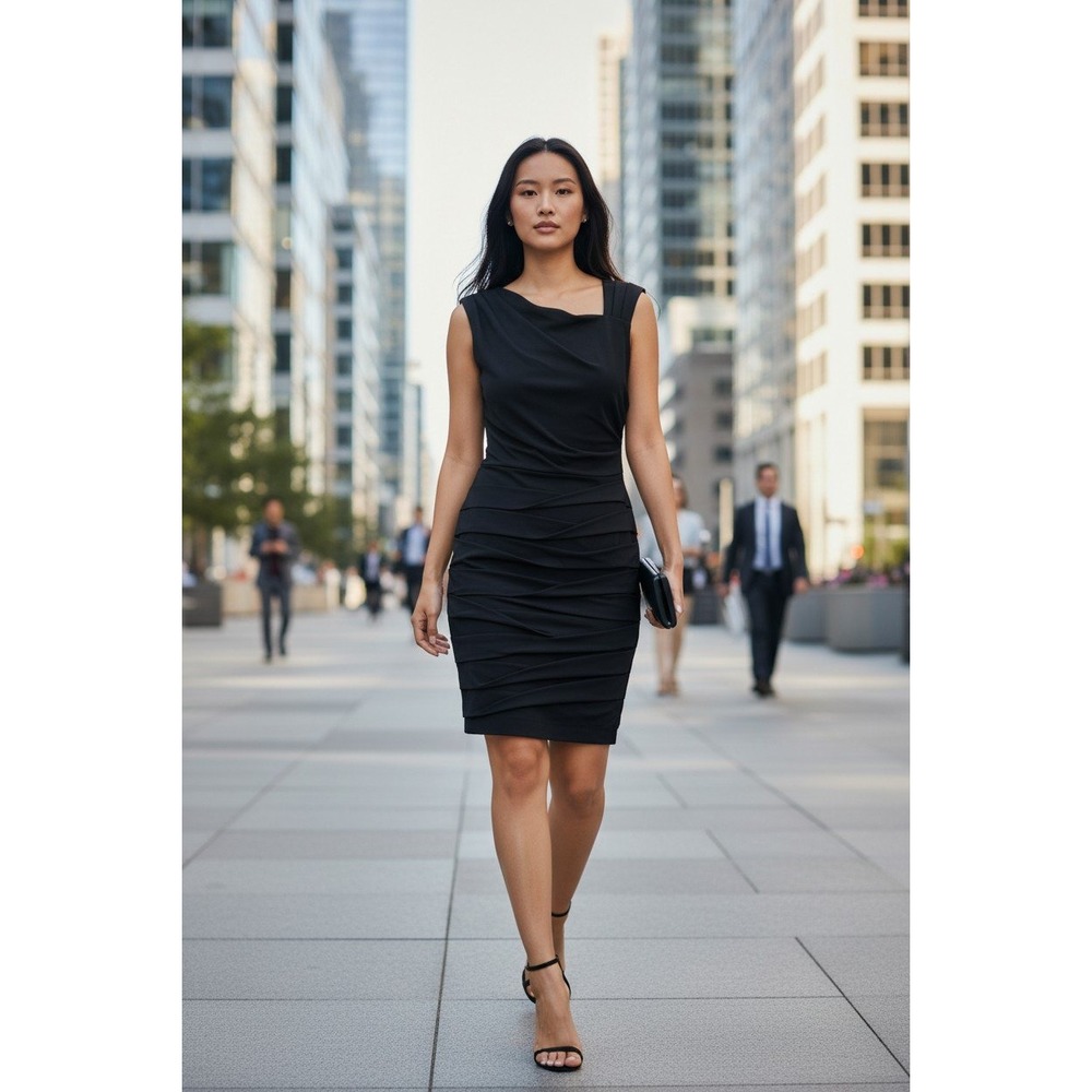 BCBGeneration Black Ruched Bodycon Dress Asymmetrical Sleeveless Cocktail Size S